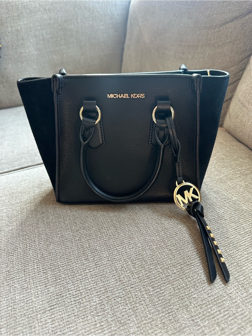Michael Kors Black Leather Tote with Signature MK Charm Satchel